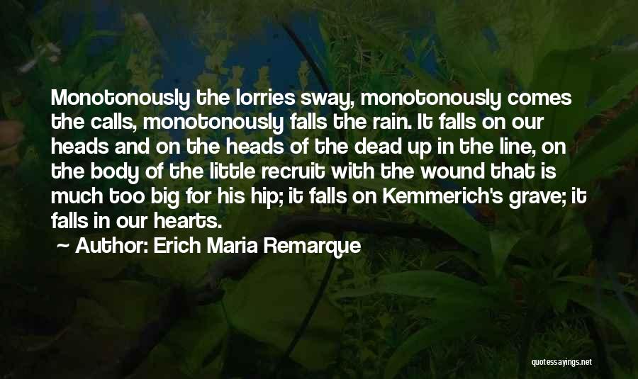 Erich Maria Remarque Quotes: Monotonously The Lorries Sway, Monotonously Comes The Calls, Monotonously Falls The Rain. It Falls On Our Heads And On The