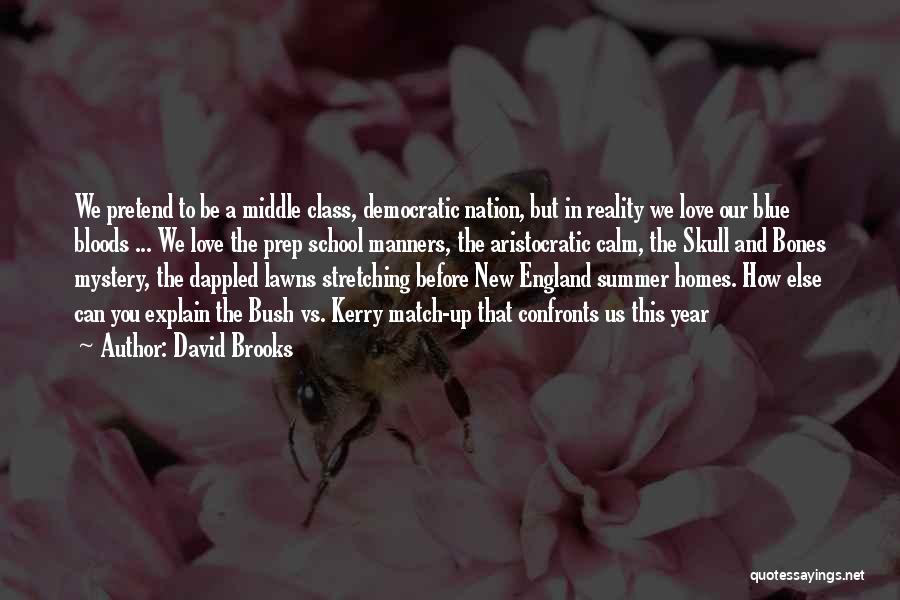 David Brooks Quotes: We Pretend To Be A Middle Class, Democratic Nation, But In Reality We Love Our Blue Bloods ... We Love