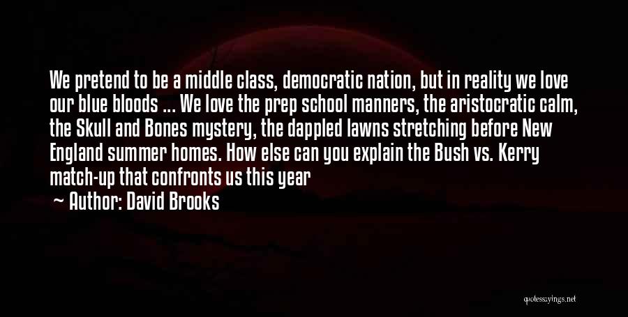 David Brooks Quotes: We Pretend To Be A Middle Class, Democratic Nation, But In Reality We Love Our Blue Bloods ... We Love