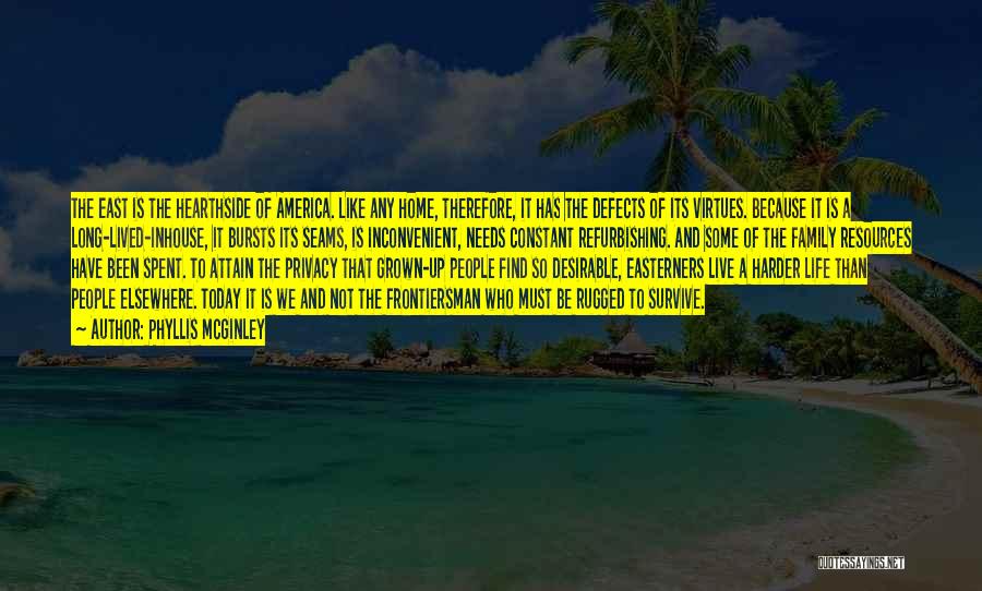 Phyllis McGinley Quotes: The East Is The Hearthside Of America. Like Any Home, Therefore, It Has The Defects Of Its Virtues. Because It