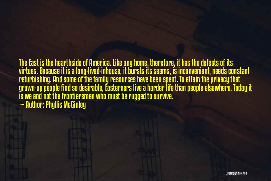 Phyllis McGinley Quotes: The East Is The Hearthside Of America. Like Any Home, Therefore, It Has The Defects Of Its Virtues. Because It