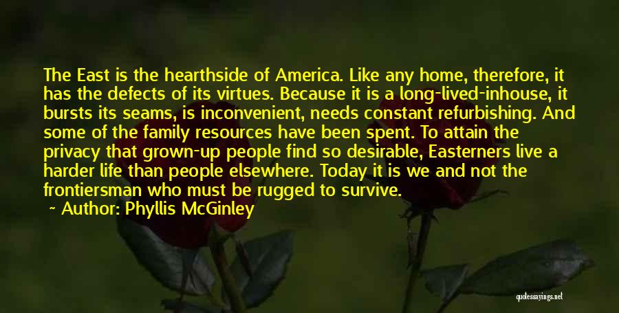 Phyllis McGinley Quotes: The East Is The Hearthside Of America. Like Any Home, Therefore, It Has The Defects Of Its Virtues. Because It