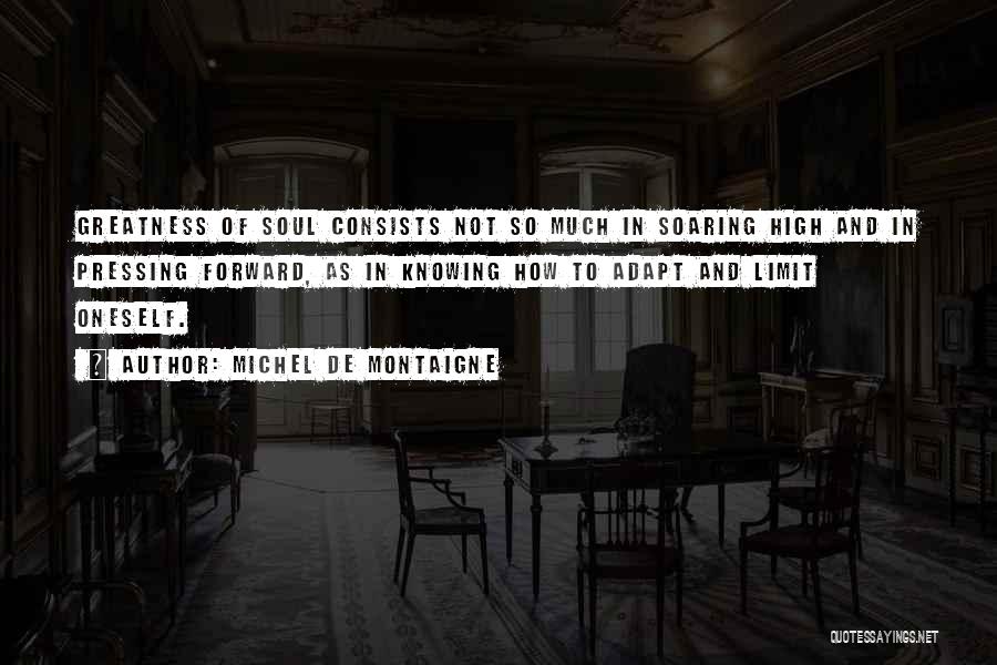 Michel De Montaigne Quotes: Greatness Of Soul Consists Not So Much In Soaring High And In Pressing Forward, As In Knowing How To Adapt