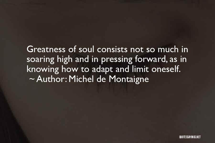 Michel De Montaigne Quotes: Greatness Of Soul Consists Not So Much In Soaring High And In Pressing Forward, As In Knowing How To Adapt