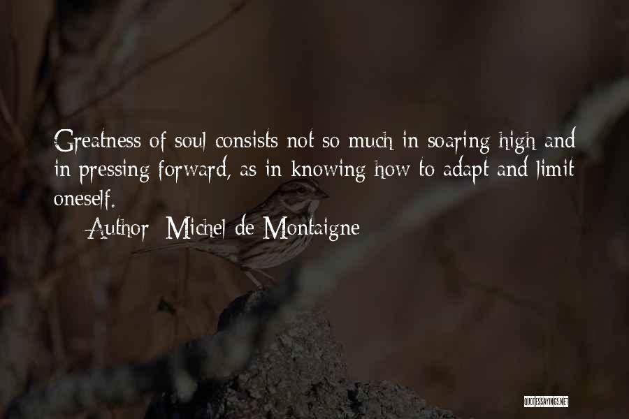 Michel De Montaigne Quotes: Greatness Of Soul Consists Not So Much In Soaring High And In Pressing Forward, As In Knowing How To Adapt
