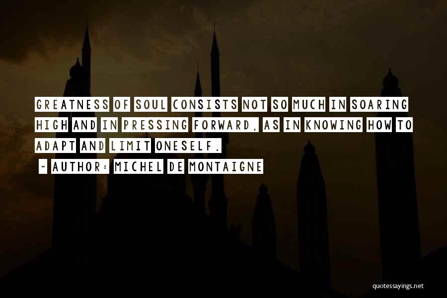 Michel De Montaigne Quotes: Greatness Of Soul Consists Not So Much In Soaring High And In Pressing Forward, As In Knowing How To Adapt