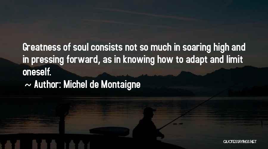 Michel De Montaigne Quotes: Greatness Of Soul Consists Not So Much In Soaring High And In Pressing Forward, As In Knowing How To Adapt