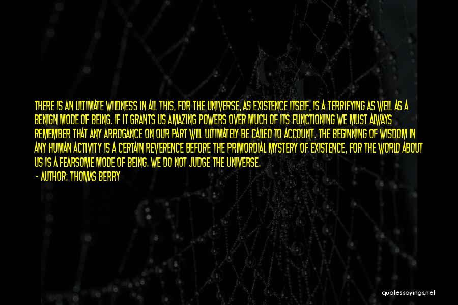 Thomas Berry Quotes: There Is An Ultimate Wildness In All This, For The Universe, As Existence Itself, Is A Terrifying As Well As