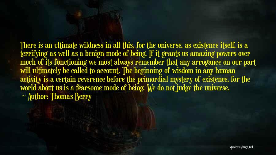 Thomas Berry Quotes: There Is An Ultimate Wildness In All This, For The Universe, As Existence Itself, Is A Terrifying As Well As