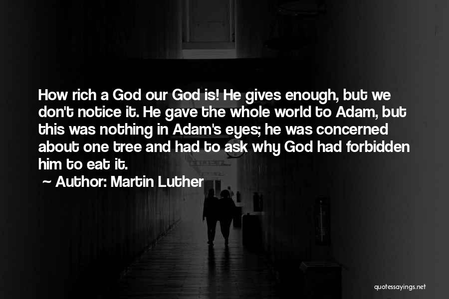 Martin Luther Quotes: How Rich A God Our God Is! He Gives Enough, But We Don't Notice It. He Gave The Whole World