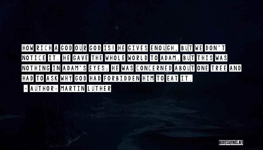 Martin Luther Quotes: How Rich A God Our God Is! He Gives Enough, But We Don't Notice It. He Gave The Whole World