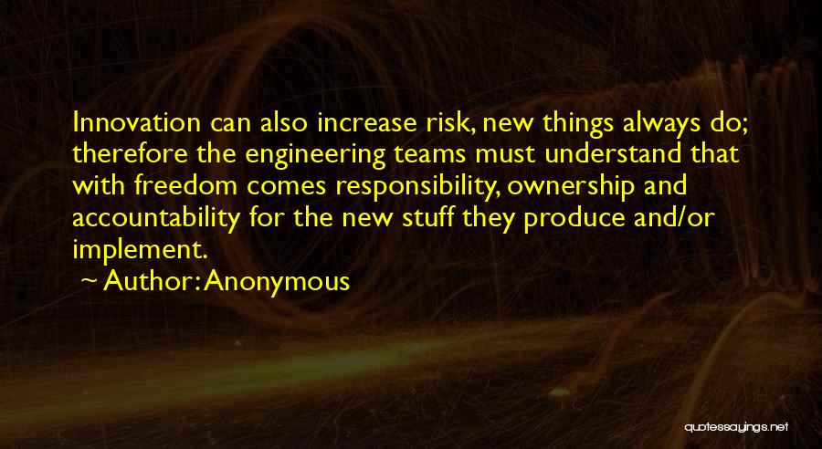 Anonymous Quotes: Innovation Can Also Increase Risk, New Things Always Do; Therefore The Engineering Teams Must Understand That With Freedom Comes Responsibility,