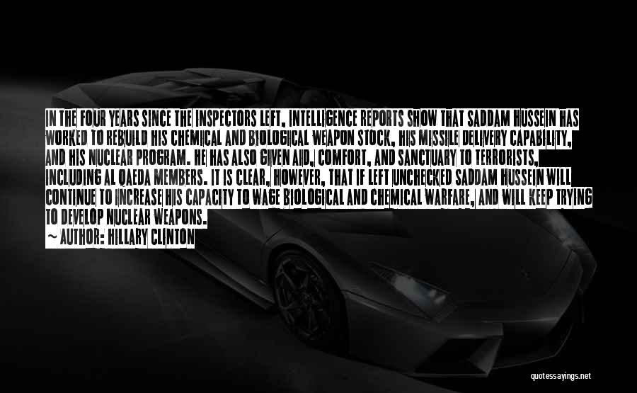 Hillary Clinton Quotes: In The Four Years Since The Inspectors Left, Intelligence Reports Show That Saddam Hussein Has Worked To Rebuild His Chemical