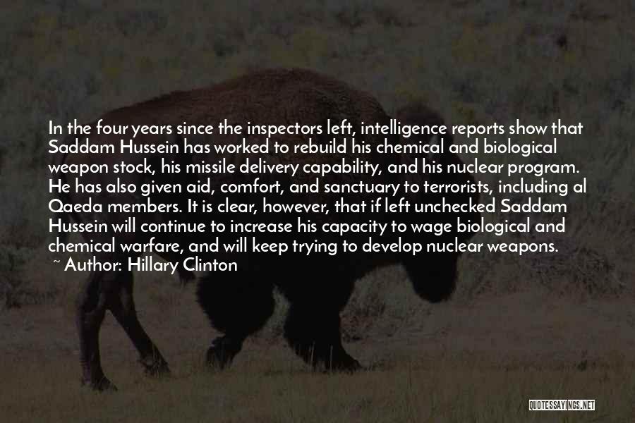 Hillary Clinton Quotes: In The Four Years Since The Inspectors Left, Intelligence Reports Show That Saddam Hussein Has Worked To Rebuild His Chemical