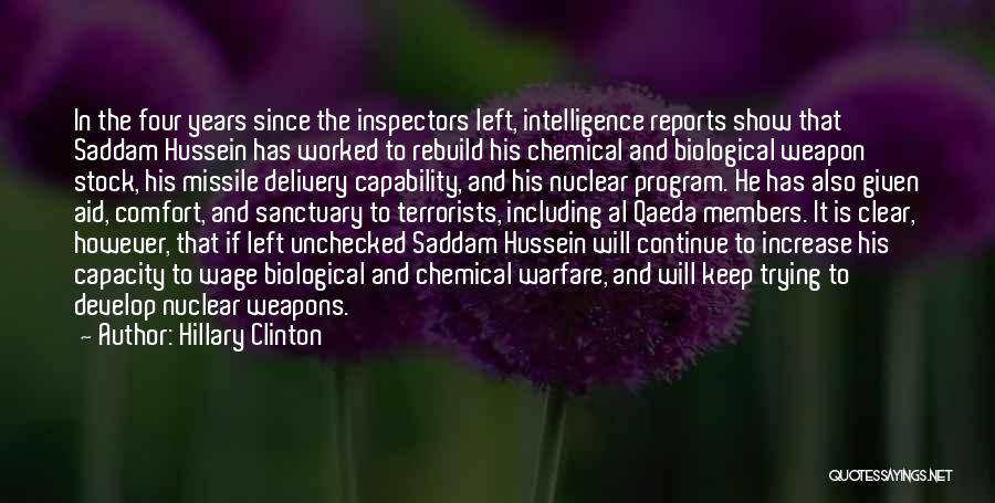 Hillary Clinton Quotes: In The Four Years Since The Inspectors Left, Intelligence Reports Show That Saddam Hussein Has Worked To Rebuild His Chemical