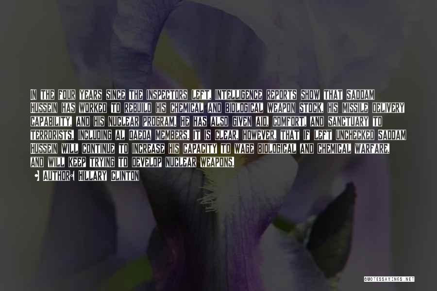 Hillary Clinton Quotes: In The Four Years Since The Inspectors Left, Intelligence Reports Show That Saddam Hussein Has Worked To Rebuild His Chemical