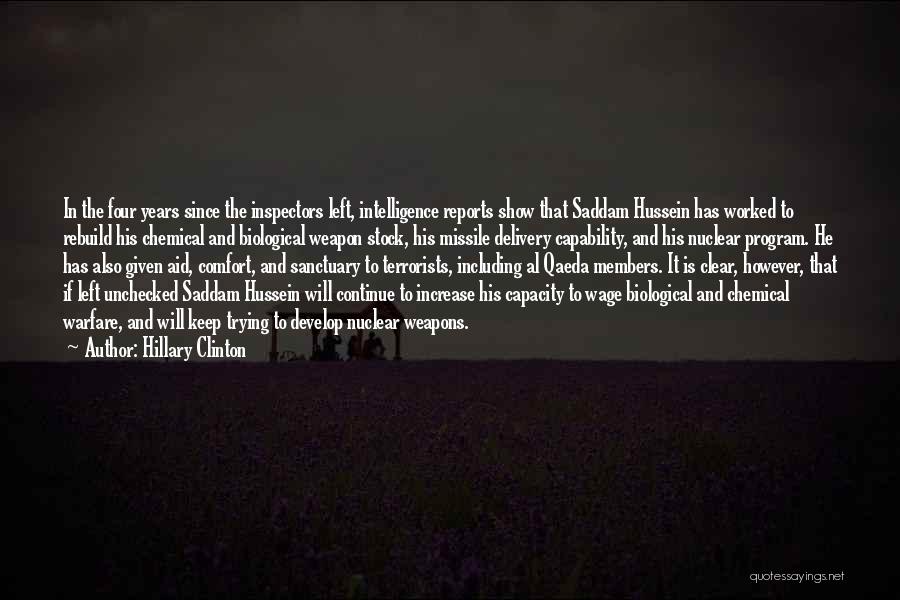 Hillary Clinton Quotes: In The Four Years Since The Inspectors Left, Intelligence Reports Show That Saddam Hussein Has Worked To Rebuild His Chemical