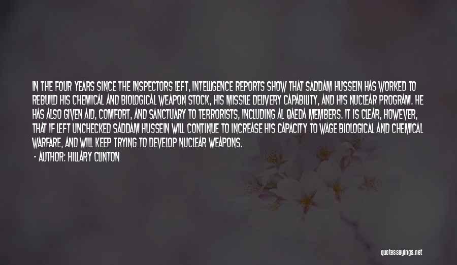 Hillary Clinton Quotes: In The Four Years Since The Inspectors Left, Intelligence Reports Show That Saddam Hussein Has Worked To Rebuild His Chemical