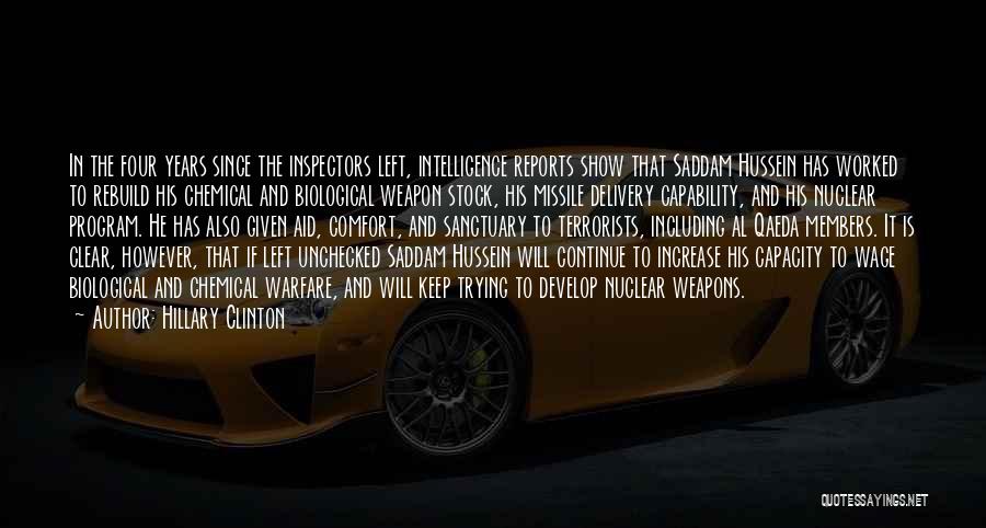 Hillary Clinton Quotes: In The Four Years Since The Inspectors Left, Intelligence Reports Show That Saddam Hussein Has Worked To Rebuild His Chemical
