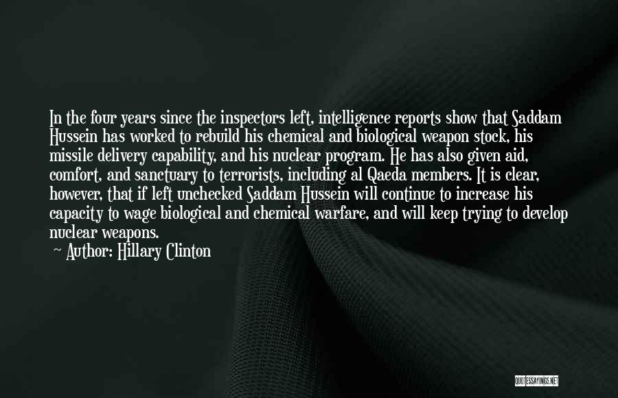 Hillary Clinton Quotes: In The Four Years Since The Inspectors Left, Intelligence Reports Show That Saddam Hussein Has Worked To Rebuild His Chemical