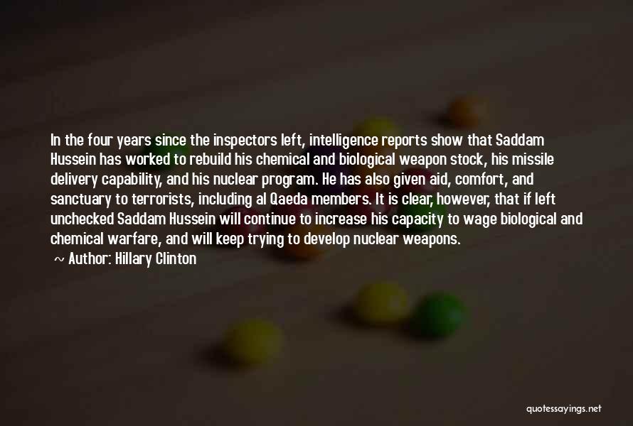 Hillary Clinton Quotes: In The Four Years Since The Inspectors Left, Intelligence Reports Show That Saddam Hussein Has Worked To Rebuild His Chemical