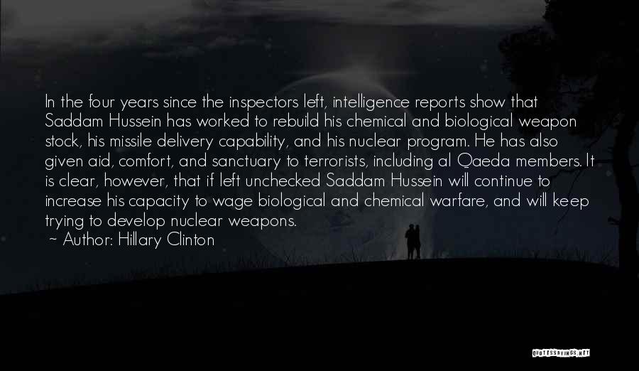 Hillary Clinton Quotes: In The Four Years Since The Inspectors Left, Intelligence Reports Show That Saddam Hussein Has Worked To Rebuild His Chemical