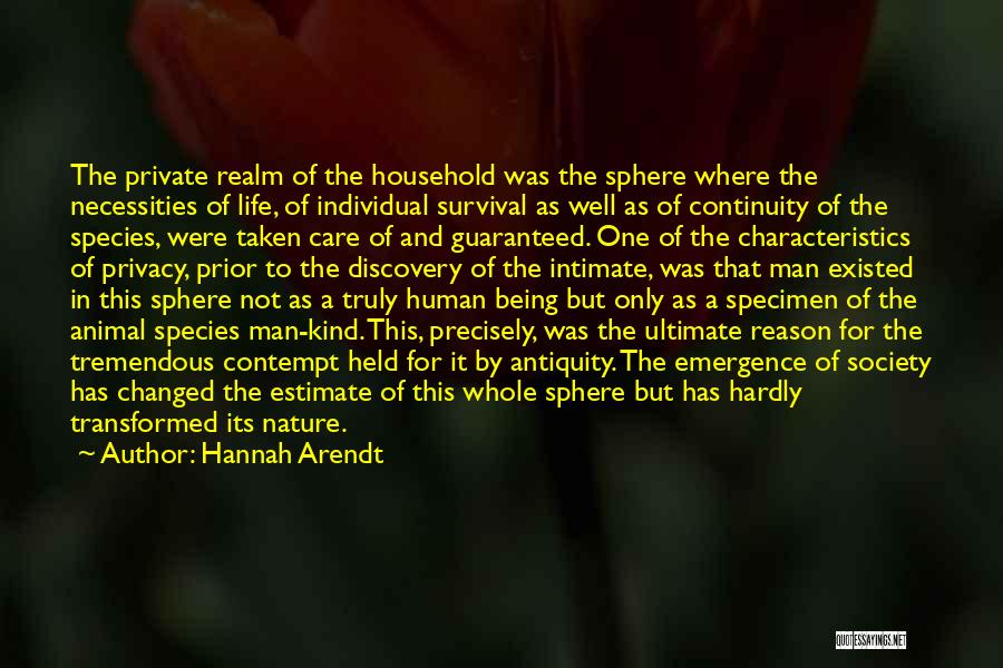 Hannah Arendt Quotes: The Private Realm Of The Household Was The Sphere Where The Necessities Of Life, Of Individual Survival As Well As
