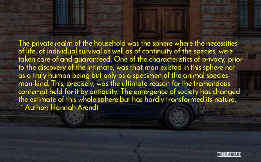 Hannah Arendt Quotes: The Private Realm Of The Household Was The Sphere Where The Necessities Of Life, Of Individual Survival As Well As