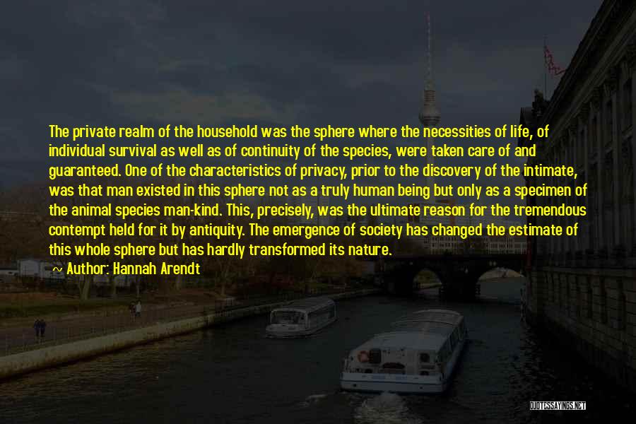Hannah Arendt Quotes: The Private Realm Of The Household Was The Sphere Where The Necessities Of Life, Of Individual Survival As Well As