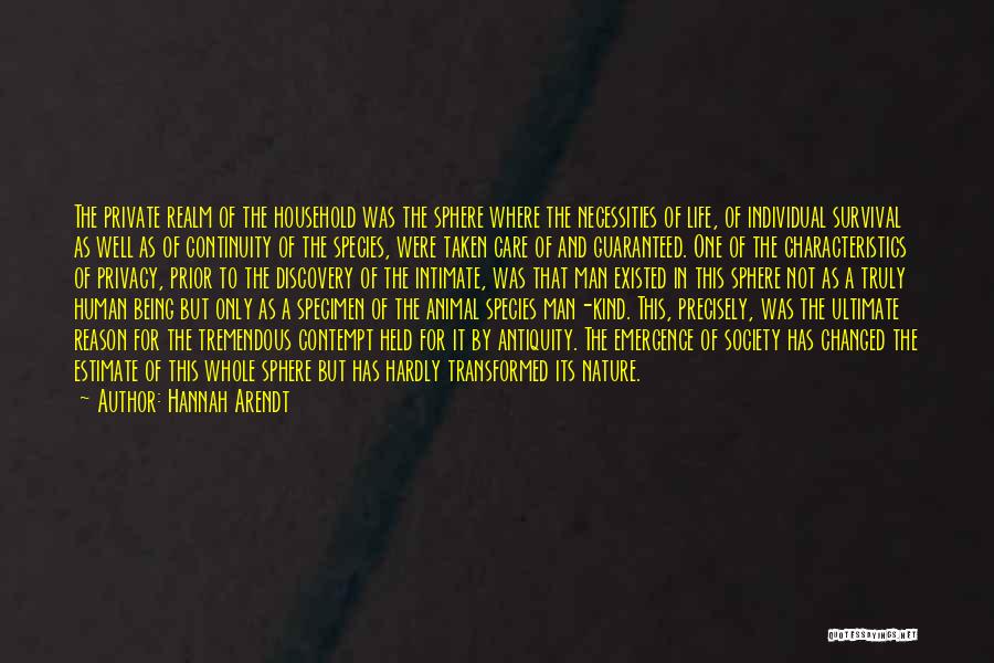 Hannah Arendt Quotes: The Private Realm Of The Household Was The Sphere Where The Necessities Of Life, Of Individual Survival As Well As