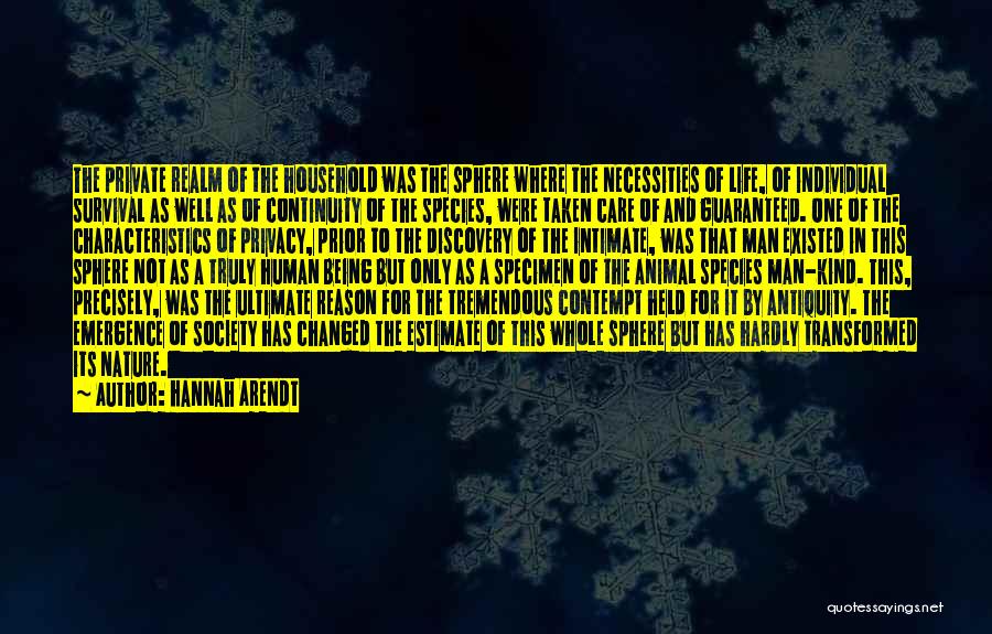 Hannah Arendt Quotes: The Private Realm Of The Household Was The Sphere Where The Necessities Of Life, Of Individual Survival As Well As