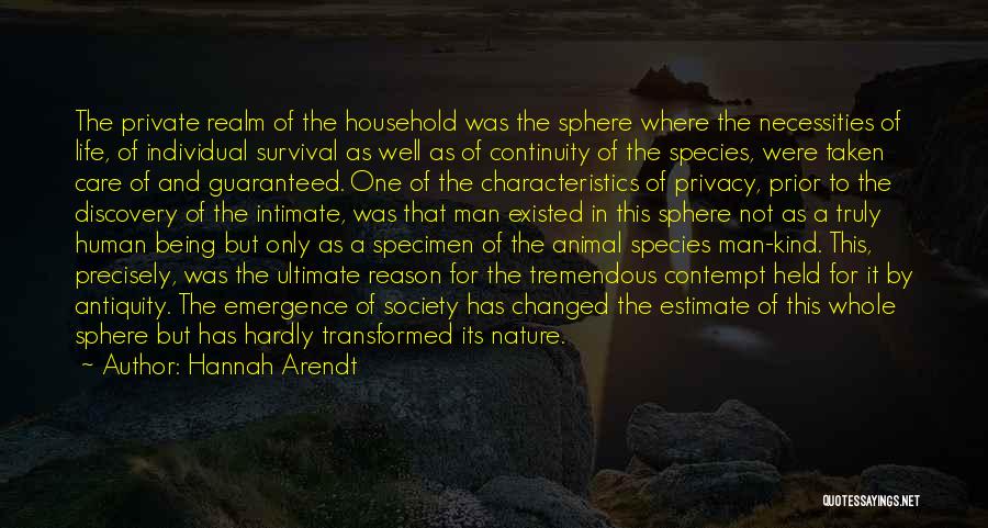 Hannah Arendt Quotes: The Private Realm Of The Household Was The Sphere Where The Necessities Of Life, Of Individual Survival As Well As