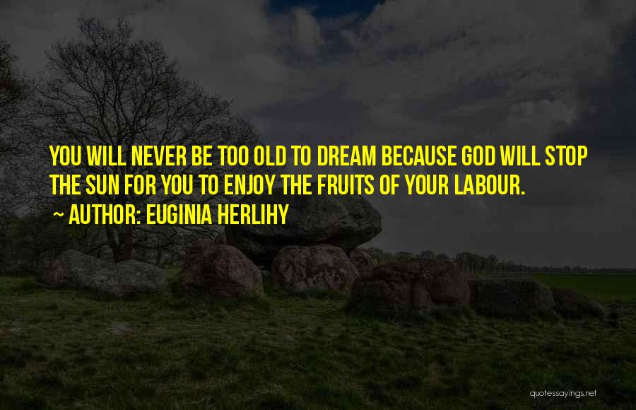 Euginia Herlihy Quotes: You Will Never Be Too Old To Dream Because God Will Stop The Sun For You To Enjoy The Fruits