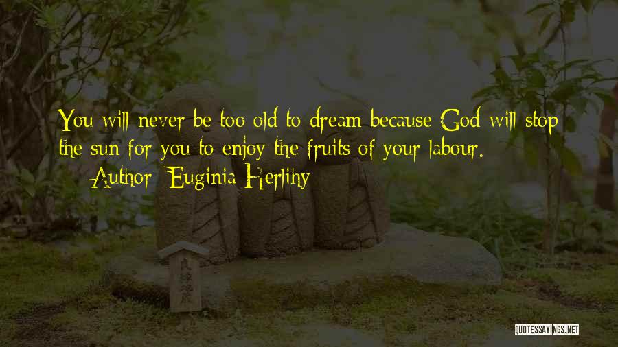 Euginia Herlihy Quotes: You Will Never Be Too Old To Dream Because God Will Stop The Sun For You To Enjoy The Fruits
