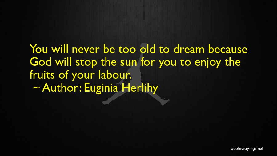 Euginia Herlihy Quotes: You Will Never Be Too Old To Dream Because God Will Stop The Sun For You To Enjoy The Fruits