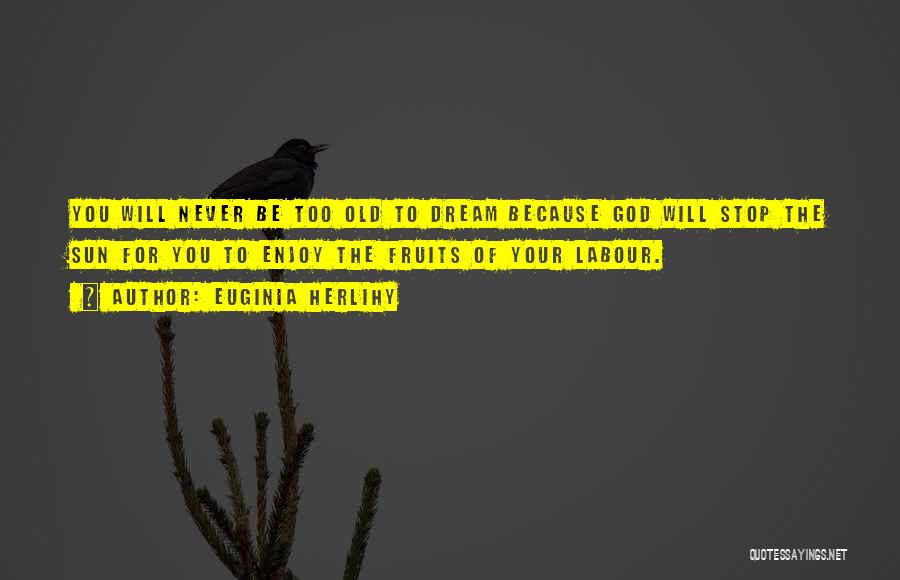 Euginia Herlihy Quotes: You Will Never Be Too Old To Dream Because God Will Stop The Sun For You To Enjoy The Fruits