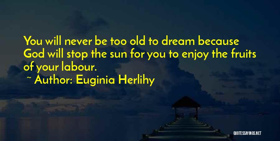 Euginia Herlihy Quotes: You Will Never Be Too Old To Dream Because God Will Stop The Sun For You To Enjoy The Fruits