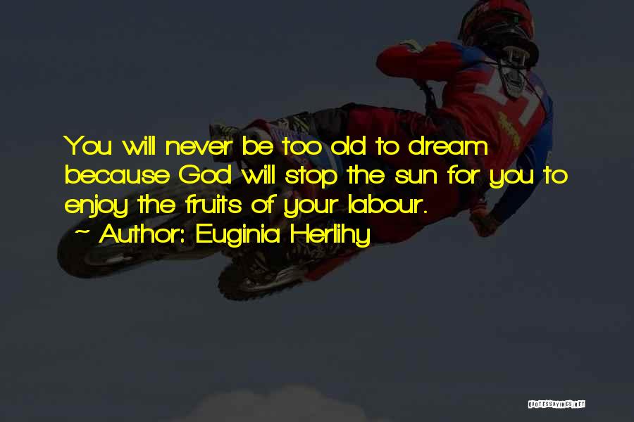 Euginia Herlihy Quotes: You Will Never Be Too Old To Dream Because God Will Stop The Sun For You To Enjoy The Fruits