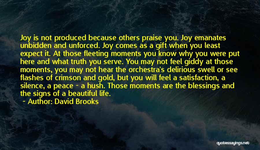 David Brooks Quotes: Joy Is Not Produced Because Others Praise You. Joy Emanates Unbidden And Unforced. Joy Comes As A Gift When You