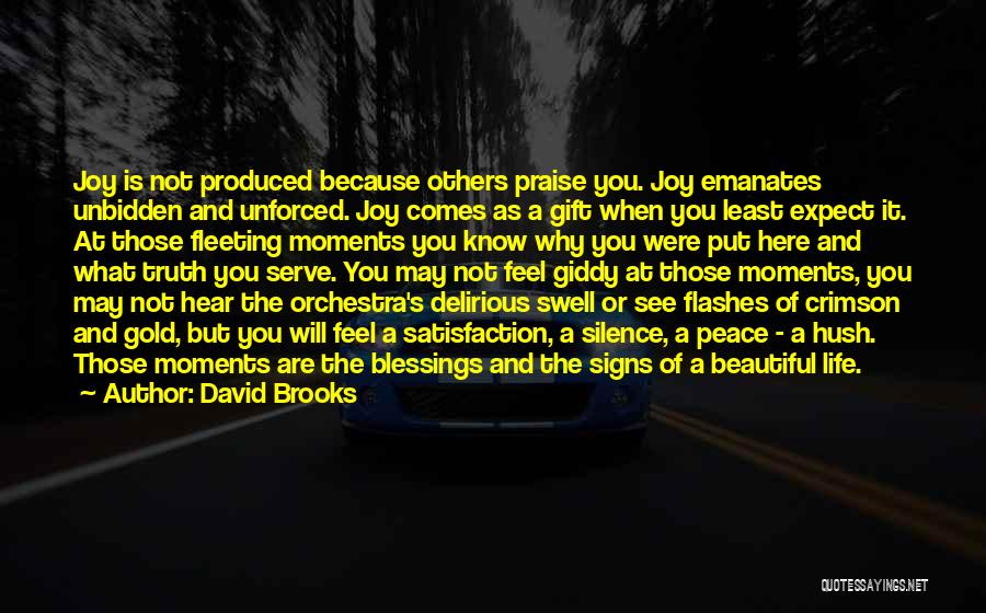 David Brooks Quotes: Joy Is Not Produced Because Others Praise You. Joy Emanates Unbidden And Unforced. Joy Comes As A Gift When You