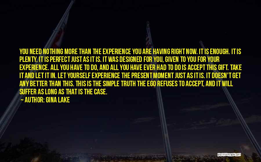 Gina Lake Quotes: You Need Nothing More Than The Experience You Are Having Right Now. It Is Enough. It Is Plenty. It Is