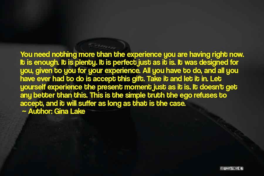 Gina Lake Quotes: You Need Nothing More Than The Experience You Are Having Right Now. It Is Enough. It Is Plenty. It Is