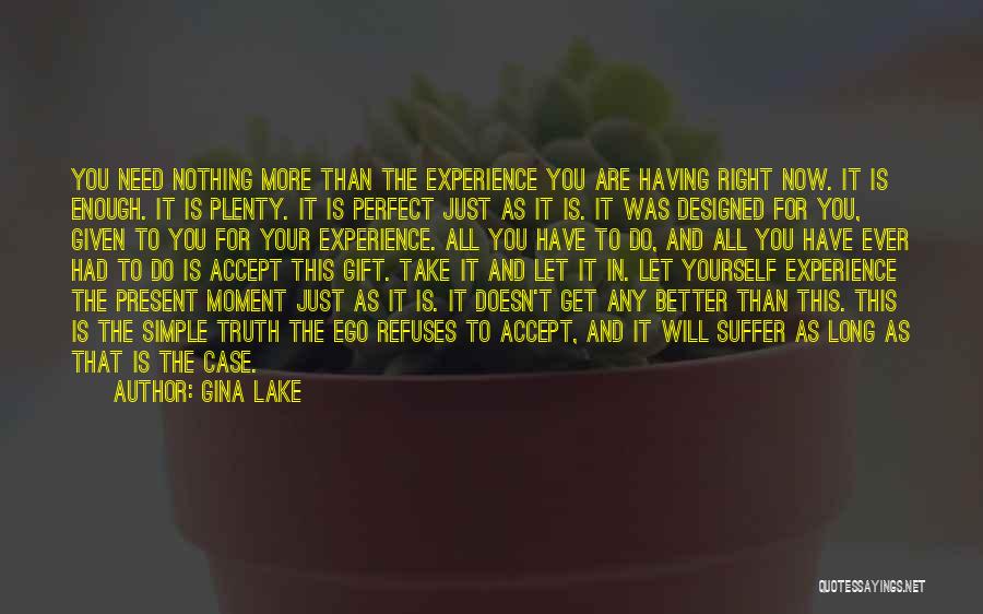 Gina Lake Quotes: You Need Nothing More Than The Experience You Are Having Right Now. It Is Enough. It Is Plenty. It Is