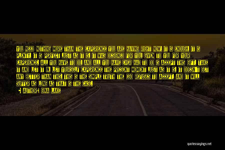Gina Lake Quotes: You Need Nothing More Than The Experience You Are Having Right Now. It Is Enough. It Is Plenty. It Is
