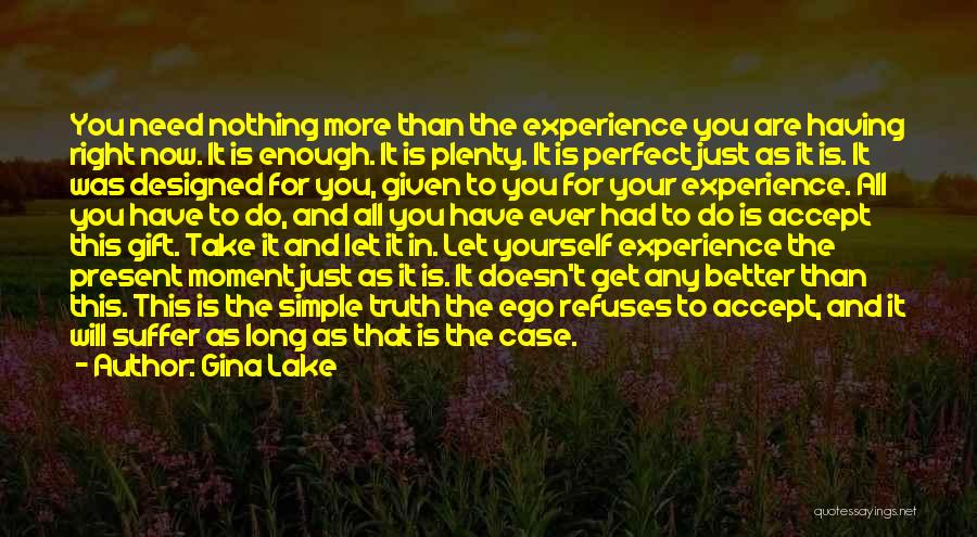 Gina Lake Quotes: You Need Nothing More Than The Experience You Are Having Right Now. It Is Enough. It Is Plenty. It Is