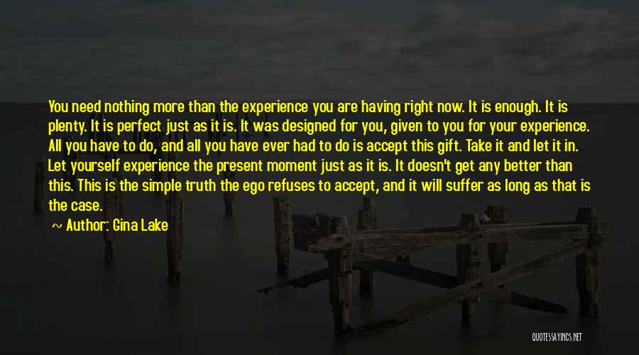 Gina Lake Quotes: You Need Nothing More Than The Experience You Are Having Right Now. It Is Enough. It Is Plenty. It Is