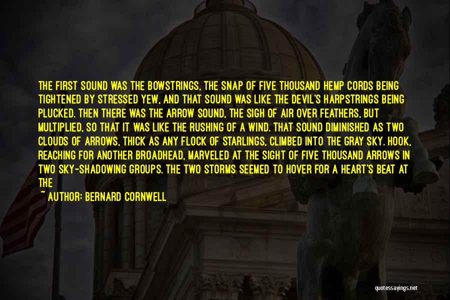 Bernard Cornwell Quotes: The First Sound Was The Bowstrings, The Snap Of Five Thousand Hemp Cords Being Tightened By Stressed Yew, And That