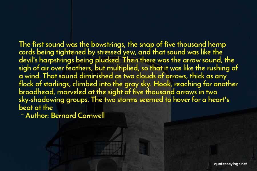 Bernard Cornwell Quotes: The First Sound Was The Bowstrings, The Snap Of Five Thousand Hemp Cords Being Tightened By Stressed Yew, And That