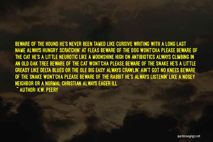 K.W. Peery Quotes: Beware Of The Hound He's Never Been Tamed Like Cursive Writing With A Long Last Name Always Hungry Scratchin' At