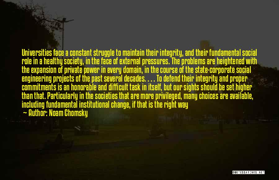 Noam Chomsky Quotes: Universities Face A Constant Struggle To Maintain Their Integrity, And Their Fundamental Social Role In A Healthy Society, In The